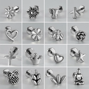 Lot de 16 piercings en acier inoxydable argenté avec cœurs, étoiles et papillons variés