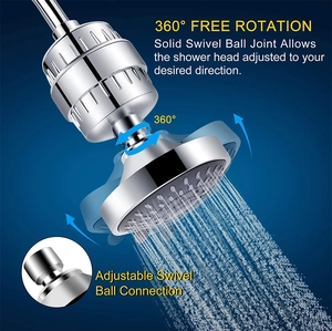 Detail of 360-degree rotating ball joint and chrome shower head filter nozzle