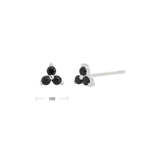 Detail of 4mm triangle cluster flower stud earrings with three round black stones in silver