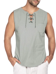 Detailed view of light grey linen sleeveless shirt featuring lace-up V-neck and chest pocket