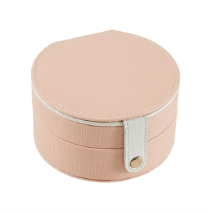 Pink semi-circle double-layer portable jewelry box with premium faux leather finish