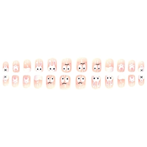 Cute pink cartoon bunny press-on nails set with glossy finish and 24 pieces layout