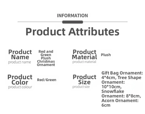 Detailed size specifications for wool felt Christmas tree ornaments in red and green colors