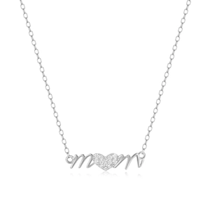 Detailed macro view of S925 silver heart 'MOM' pendant with sparkling diamond setting