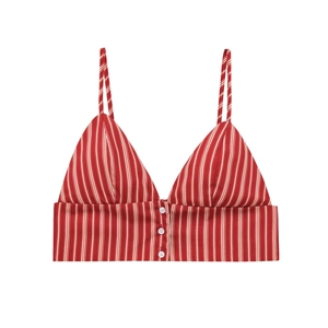Red and white striped crop top with thin straps and white buttons in a fresh summer style