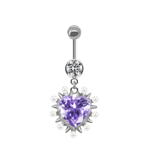 Silver belly button ring with purple heart gem and pearl pendant on white background