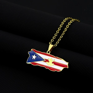 Collier Pendentif Carte Drapeau Porto Rico Acier Inoxydable Émail Coqui Grenouille Bijoux Rétro Ethnique Hommes Femmes