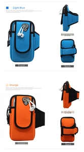 Dettaglio delle fasce da braccio blu e arancione con foro per auricolari e velcro regolabile