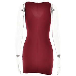Back view of a slim fit dark red sleeveless mini dress on a mannequin with a smooth finish