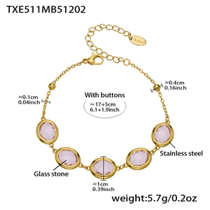 Detail view of 18k gold plated stainless steel bracelet with pink glass stones and dimensions