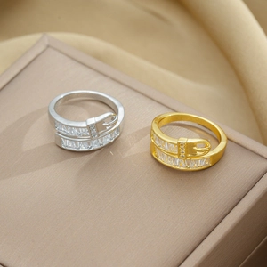 Close-up of gold and silver belt buckle rings with sparkling zircon inlay details