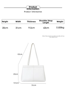Detailed dimension chart showing bag height, width, depth and shoulder strap measurements