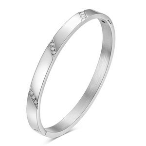 6mm minimalist silver stainless steel hinged bangle with diagonal crystal accents