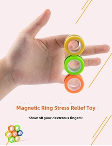 Hand holding colorful magnetic fidget rings for finger spinning and stress relief