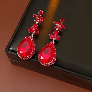 Vintage red zircon flower waterdrop pendant earrings set in luxury jewelry box