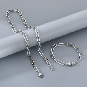 Detailed studio shot of silver stainless steel paperclip chain necklace and bracelet set