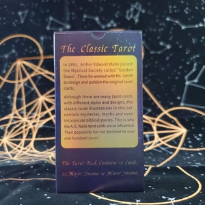 Detail of tarot card box back showing 78 cards specification on mystical star cloth