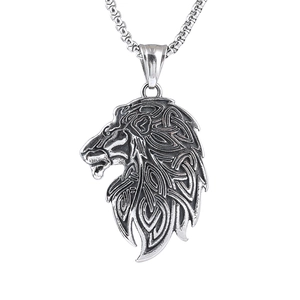 Vintage silver lion head pendant with Celtic knots on a sturdy box chain necklace