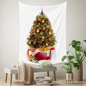 Detailed Christmas tree tapestry wall hanging with festive ornaments and gift boxes