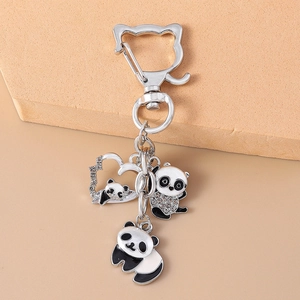 Cute panda keychain with rhinestones and enamel pendants on a silver metal cat clasp