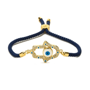 Adjustable Hamsa Hand and Evil Eye braided bracelet with blue cord and gold metal