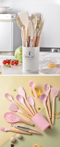 Close-up of 14-piece silicone kitchen utensil set with wooden handles and storage bucket