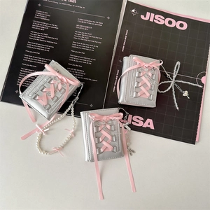 Women Short Tri-fold Wallet PU Leather Laced-up Balletcore Coquette Style Ribbon Bowknot Rhinestone Card Holder For Girls