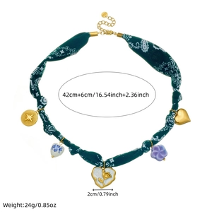 Bohemian paisley scarf rope necklace with gold heart flower pendants and dimension tags