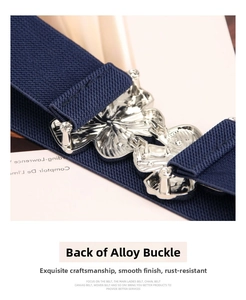 Close-up of the silver alloy buckle back and elastic texture on a navy blue belt