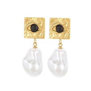 Gold square evil eye stud earrings with hanging white baroque pearl charms