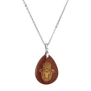 Brown crystal stone Hamsa Hand pendant with silver cross chain on white background