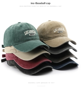 Close-up of assorted vintage washed cotton baseball caps with Los Angeles embroidery