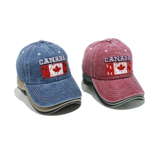 Vintage washed cotton baseball caps with Canada embroidery and flag patch in red and blue