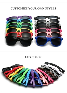 Macro view showing a diverse collection of colorful Wayfarer sunglasses with custom options