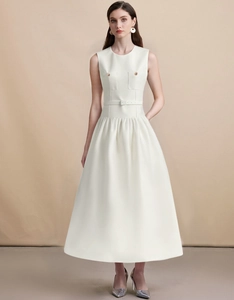 French Style Sleeveless Round Neck Midi Dress Women Elegant High Waist A-Line Swing Skirt With Belt Solid Color Polyester