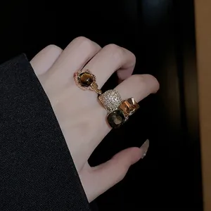 Vintage Open Ring For Women Luxury Geometric Zircon Rhinestone Crystal Brass Gold Plated Finger Jewelry Accessory