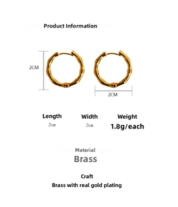 Size guide for gold plated brass bamboo earrings measuring 2cm in diameter and 1.8g weight