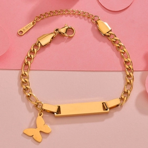 Golden stainless steel NK chain bracelet with butterfly charm and engravable curved bar