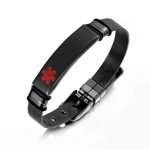 Adjustable black mesh bracelet with medical alert Star of Life symbol on metal plate