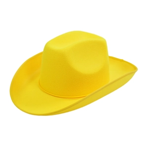Detailansicht eines leuchtend gelben Cowboyhutes aus Filz mit präziser Nahtverarbeitung