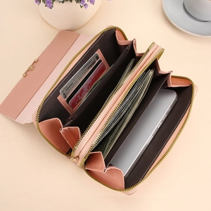 Pink multi-functional large capacity long wallet and crossbody bag with gold zipper