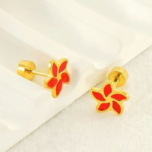 Gold-plated stainless steel flower stud earrings with red enamel and secure screw backs