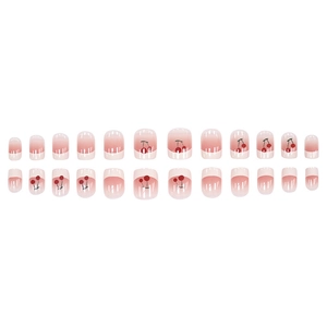 Pink and white gradient French press-on nails with cherry art design, 24 short square pieces