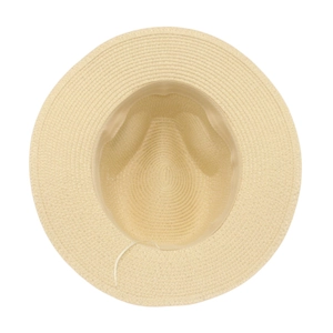 Detail of light beige straw hat interior showing woven texture and sweatband