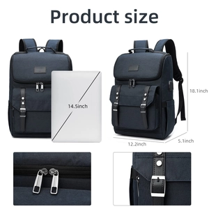 Detail view of laptop backpack dimensions with USB port and navy canvas fabric texture