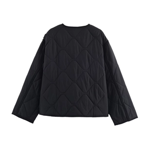 Detail of black diamond quilted jacket back view showing high quality stitching and fabric