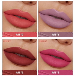 Close-up of four matte velvet liquid lipstick shades showing high color payoff and texture