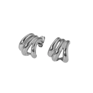Minimalist silver 18K stainless steel triple line C-shaped stud earrings for women