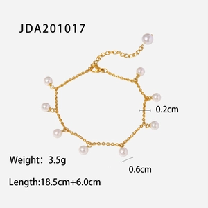 Detail view of 18K gold plated stainless steel anklet with pearl fringe and size specs