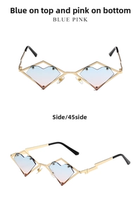 Close-up of heart-shaped gradient blue and pink lenses in a gold diamond-shaped metal frame